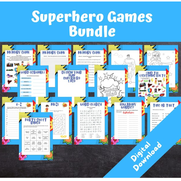 Printable sheets with Superhero themes games for children