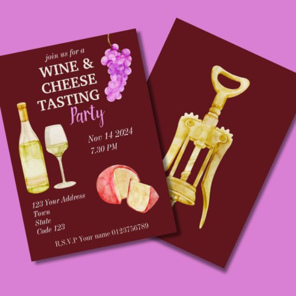 brightly coloured invitation for a wine and cheese party