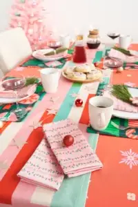 Pink Christmas Cotton Dining Collection - Retro Maximalist Vintage Midcentury Printed Tablecloths, Placemats, Napkins, and Table Runner