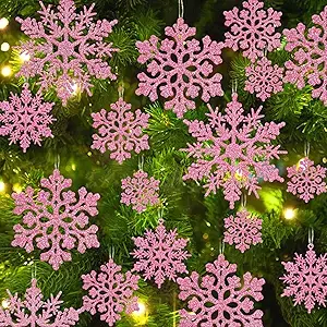 36pcs Christmas Light Pink Snowflake Ornaments Plastic Glitter Snow Flakes Ornaments for Winter Christmas Tree