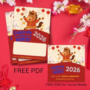 Cute Year of the Horse invitation with smiling cartoon horse and red lanterns