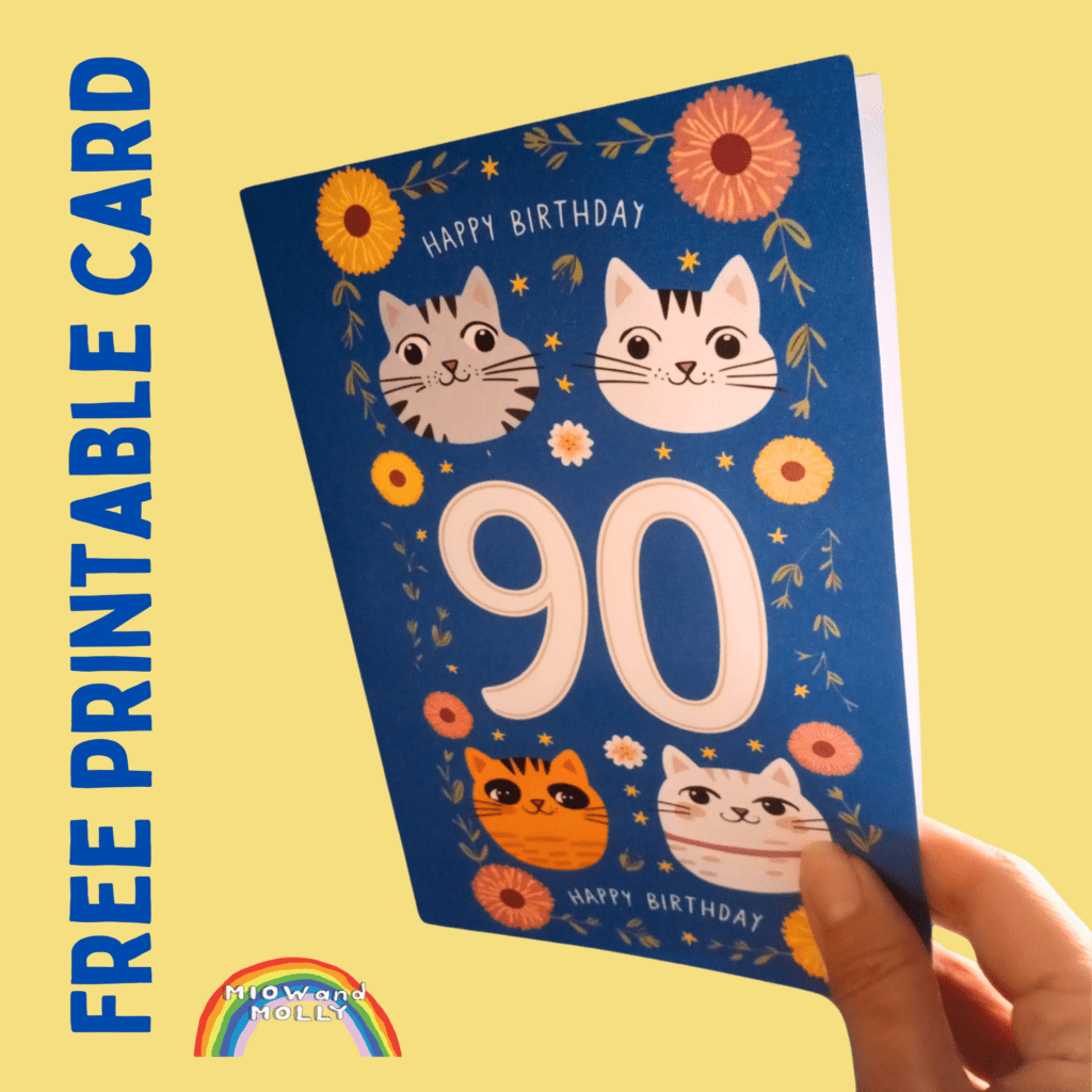 A 90th birthday card with four cartoon cat heads around a big 90 in the centre