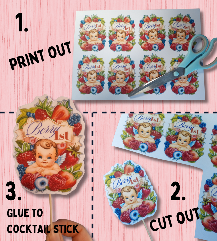 A free printable of cupcake toppers with a baby surrounded by berry fruit