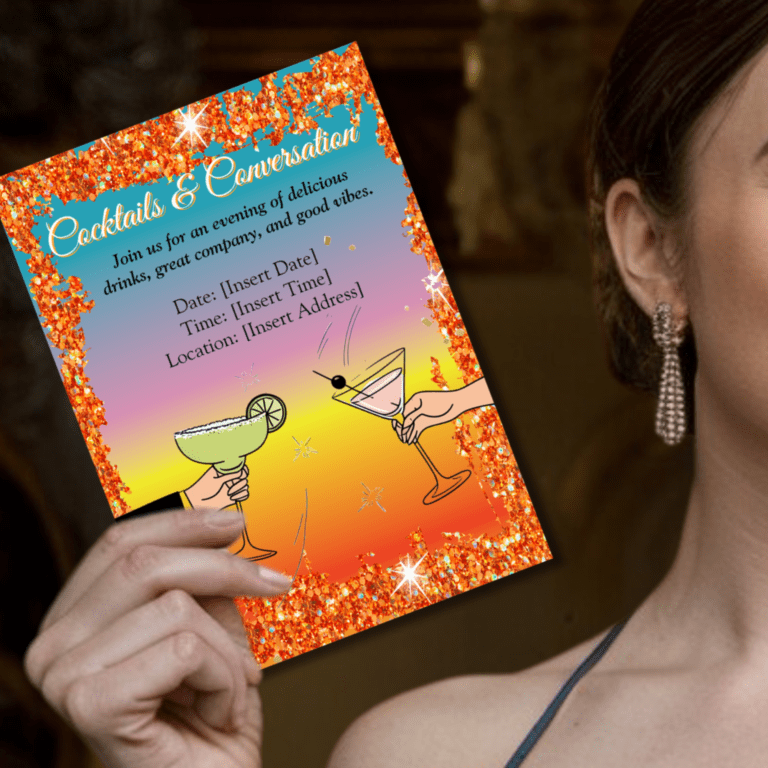 A person holding up a Cocktail party invitation