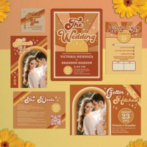 collection of 1970s inspired wedding stationery