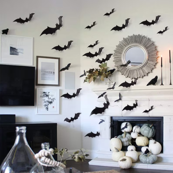 Large 3D Bats stuck on walls around living room