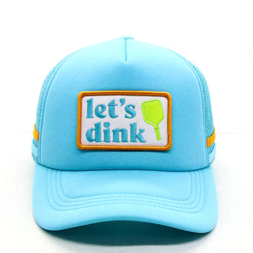 Blue baseball cap with embroidered 'let's dink' on front