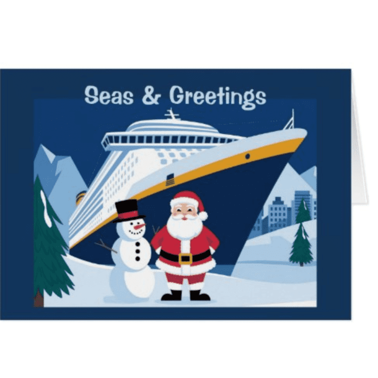 Card with Santa and Snowman stood infront of a cruise ship