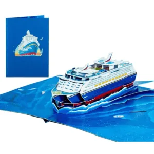 A greeting card that has a 3d cruise ship in centre