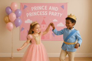 wo young children dressed as a prince and princess dancing happily at a themed party with a pink castle banner and colorful balloons