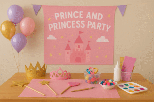 DIY prince and princess craft station with tiaras, glittery wands, colorful pom-poms, paint supplies, and scissors on a pink-covered table under a castle-themed party banner with pastel balloons