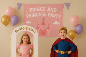 Two smiling children dressed as a prince and princess pose beside a cardboard photo booth frame labeled ‘Photo Booth,’ with a pink castle banner and pastel balloons behind them at a themed Prince and Princess party