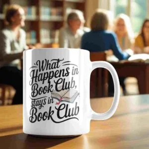 A mug that says on it ' what happen in book club stays in book club'