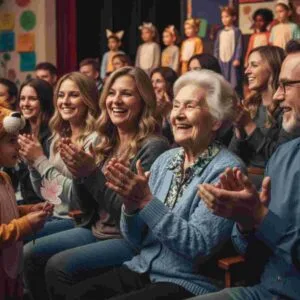 a family in the audience at a child's school play
