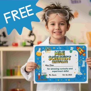 a young scientist holding up a certificate - great for a kids science party