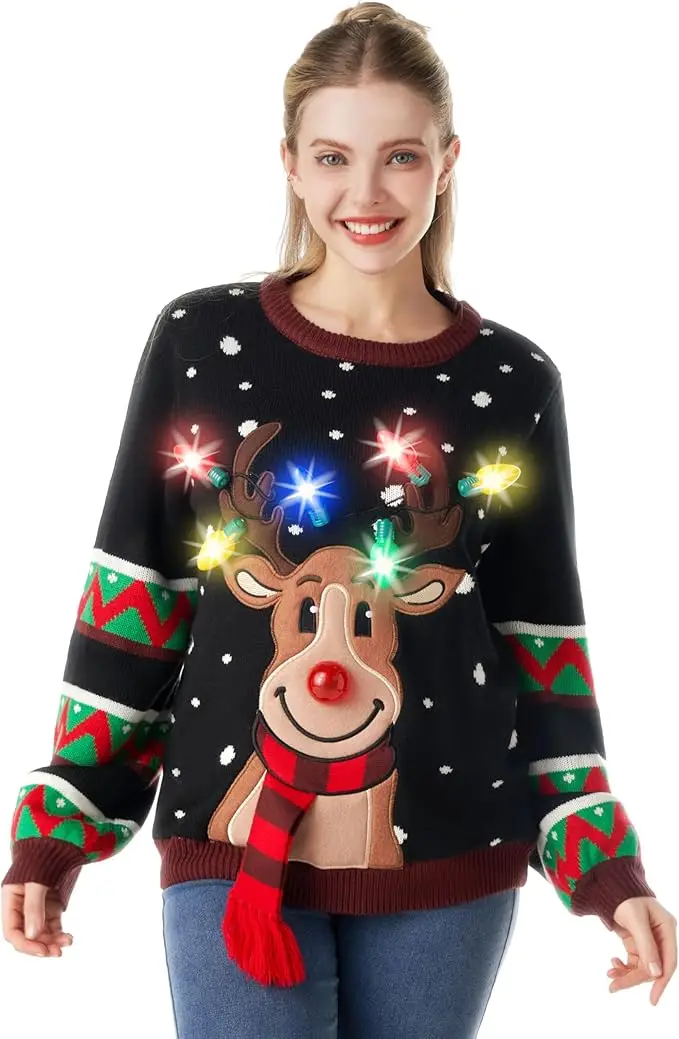 Womens LED Light Up Christmas Sweater, Reindeer Christmas Ugly Sweater with Light Bulbs