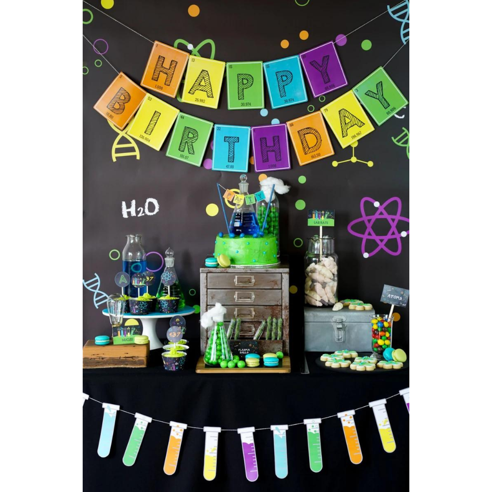 A host of kids science party decorations, including test tube bunting