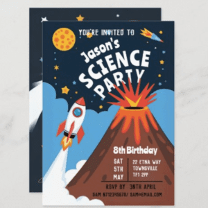 Colorful science party invotation with rockets and volacanoes