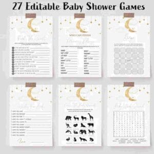 27 editable baby shower games - over the moon theme