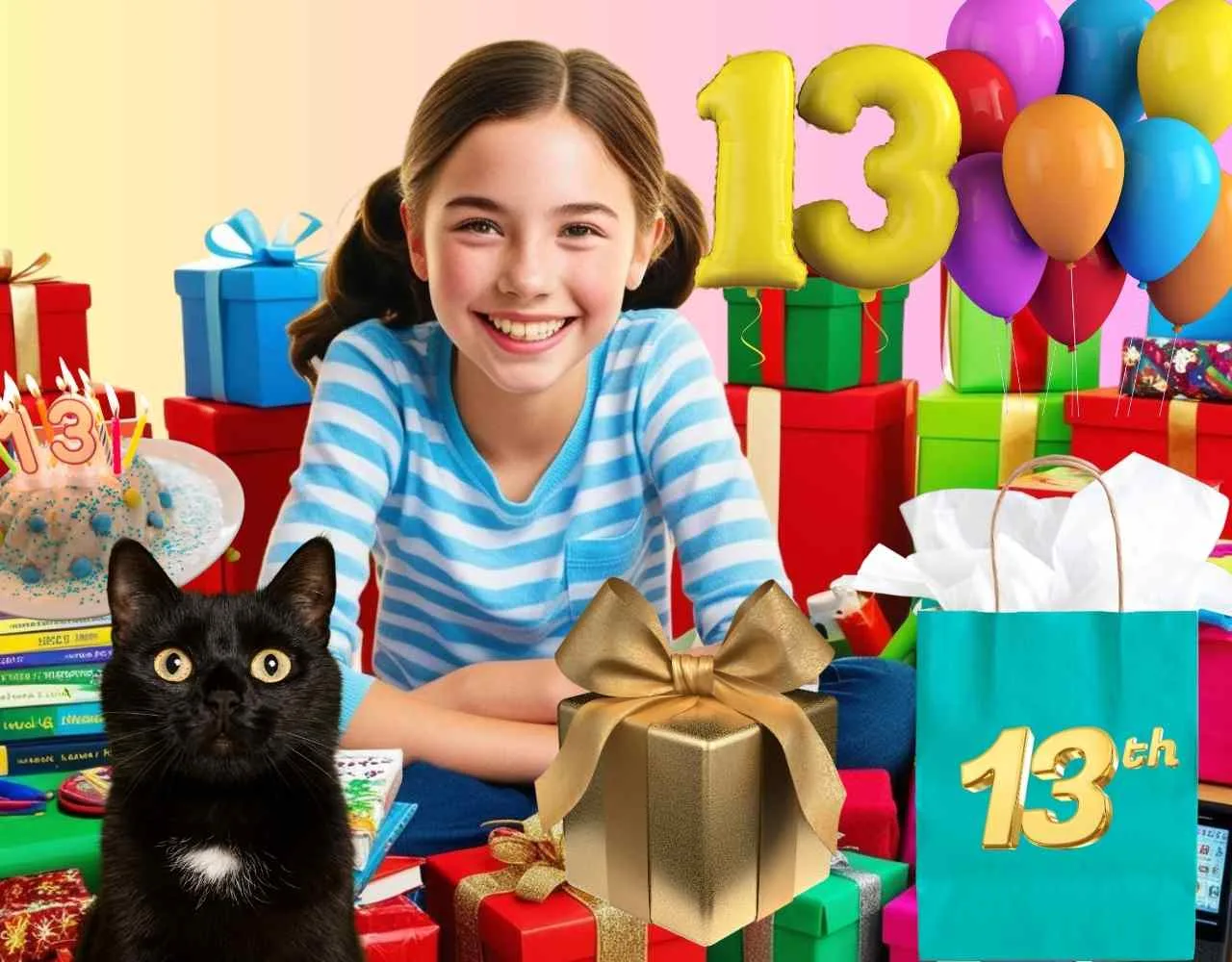 A 13 year old girl and a black cat, surrounded by gifts