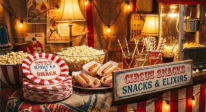 Circus-themed snack and drinks station with bold striped plates saying ‘Step Right Up & Snack’, bowls of popcorn, mini hot dogs and glasses with striped straws, ready for a FunHaus circus party.